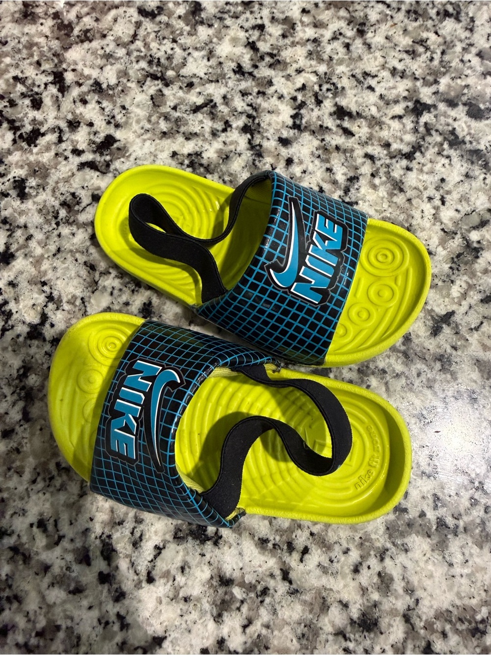 Nike Kids Neon Yellow and Blue Slide Sandals with Back Strap